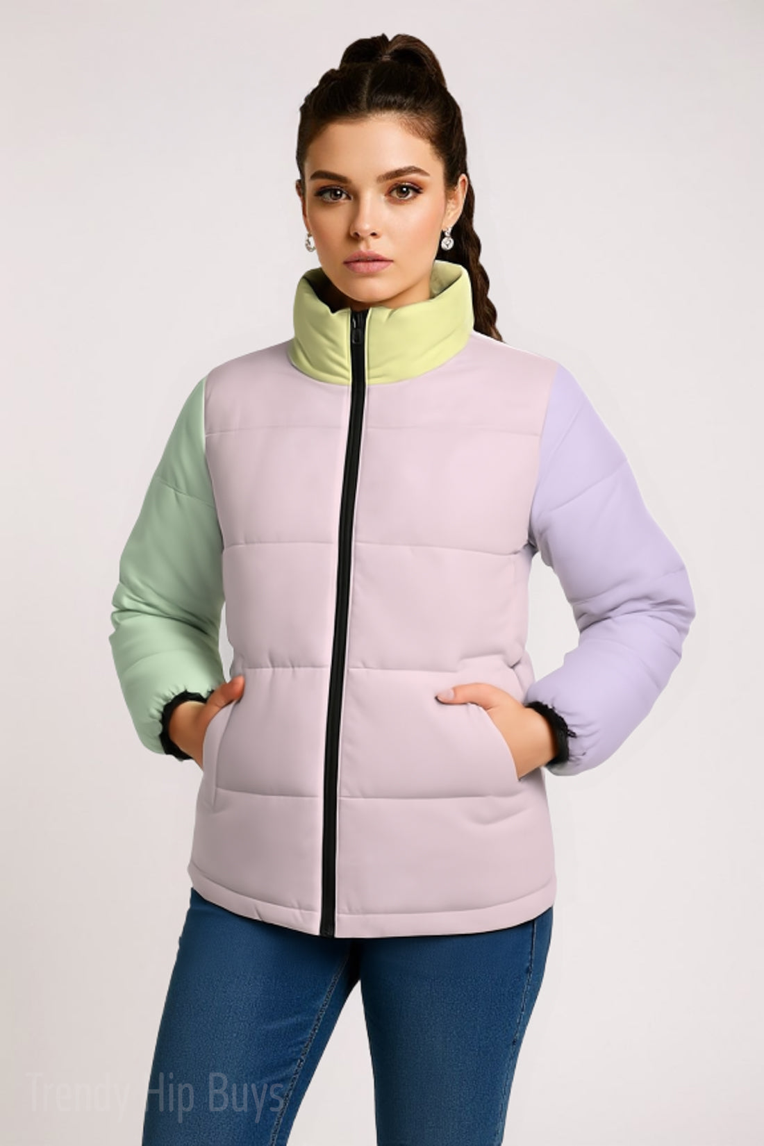Unisex Pastel Color Block Puffer Jacket | Pink Green Lavender Winter Jacket | Cotton Filled Retro Puffer Coat