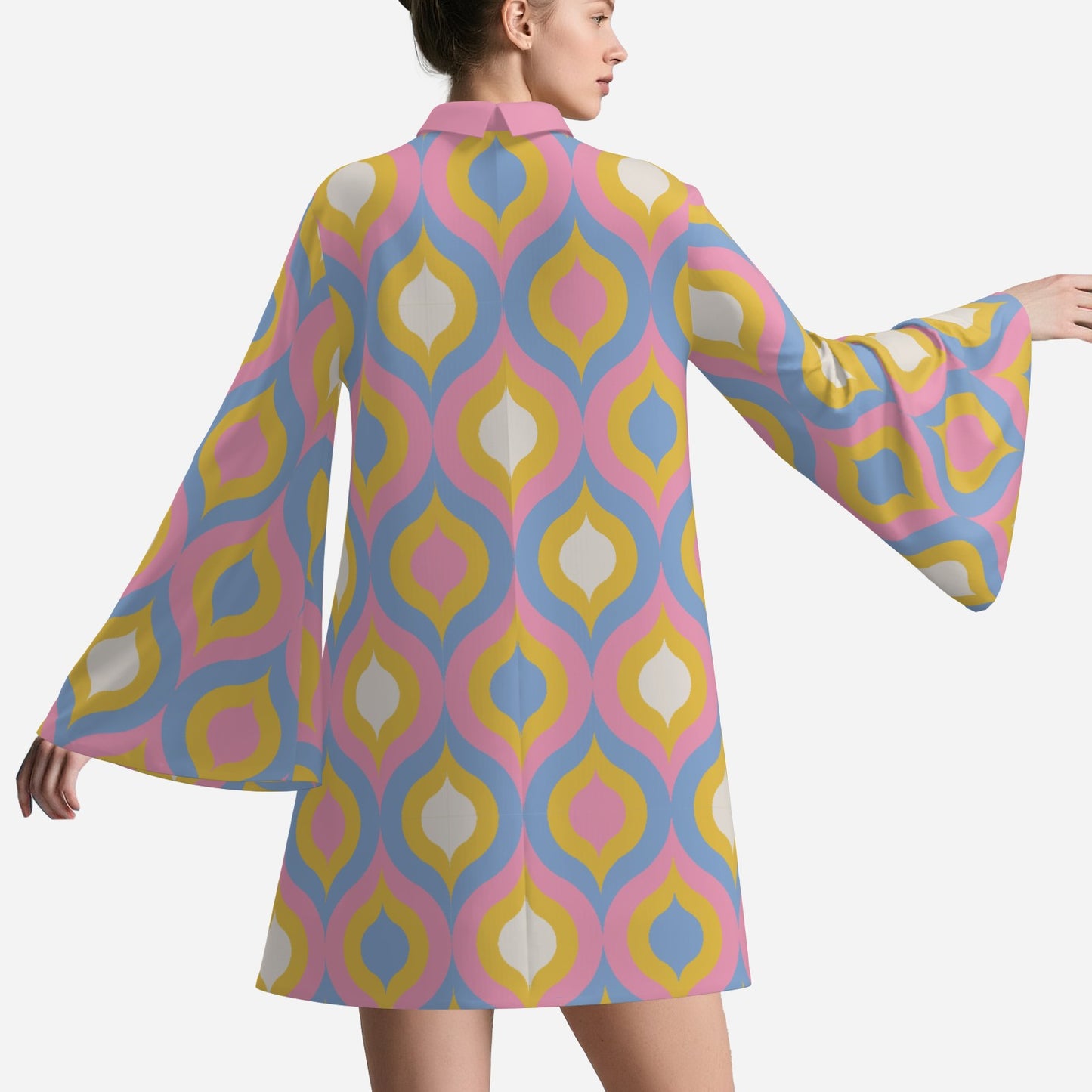 70s Disco Dress | Groovy Pink Turtleneck Bell Sleeve Dress | Retro Geometric Tent Mini Dress | Mod 60s 70s Style