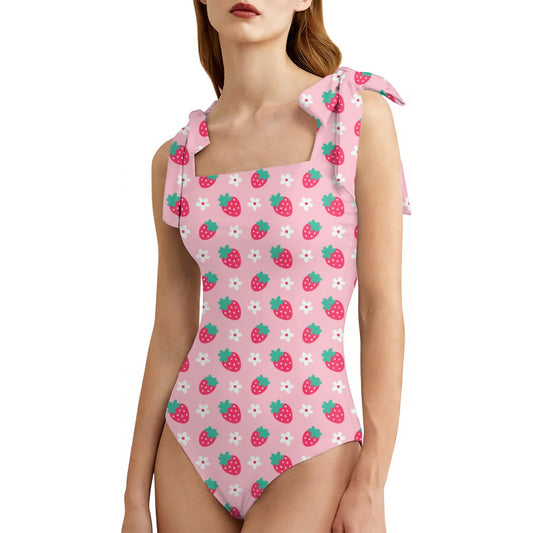 Cute Pink Strawberry Pattern Bow Tie Swimsuit | Women’s Fruit Print One-Piece | Romantic Strawberry Bathing Suit | Bow Tie Shoulder | Cute Summer Swimwear | UV Protection
