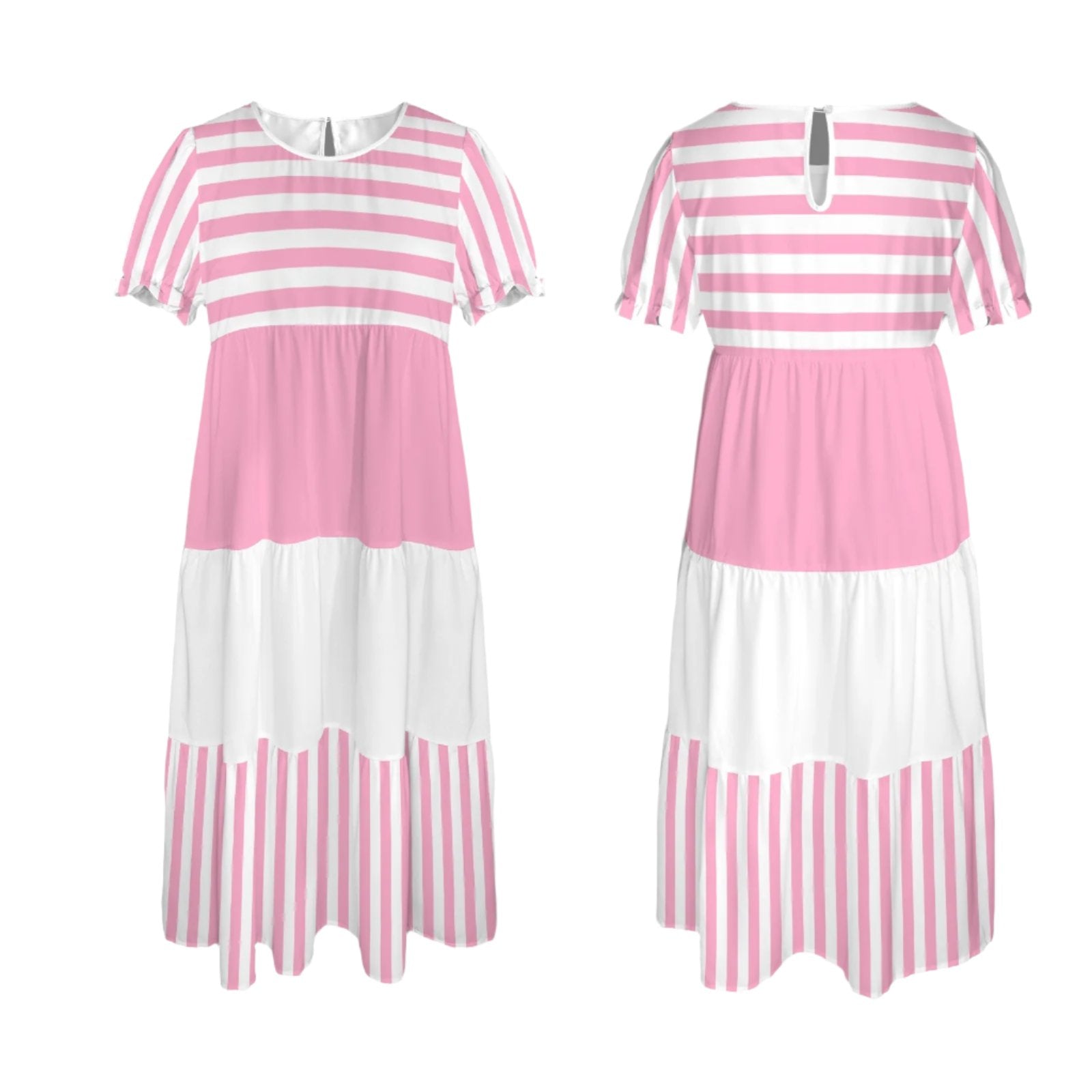 Pink White Babydoll Puff sleeve tier Midi dress