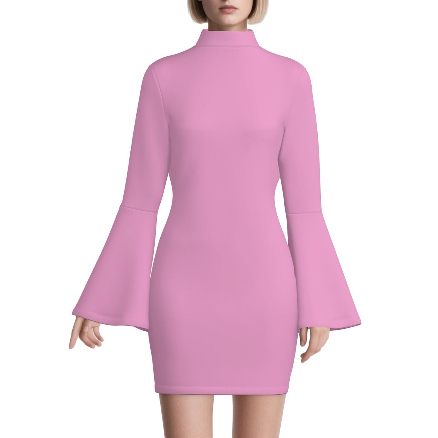 70s Style Pink Turtleneck Disco Bell Sleeve Shift mini Dress