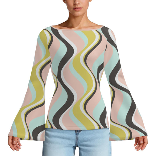 70s Pink Green Bell Sleeve Top | Groovy Hippie Stripe Shirt | Women's Retro Bell Sleeve T-Shirt | Vintage Abstract Top