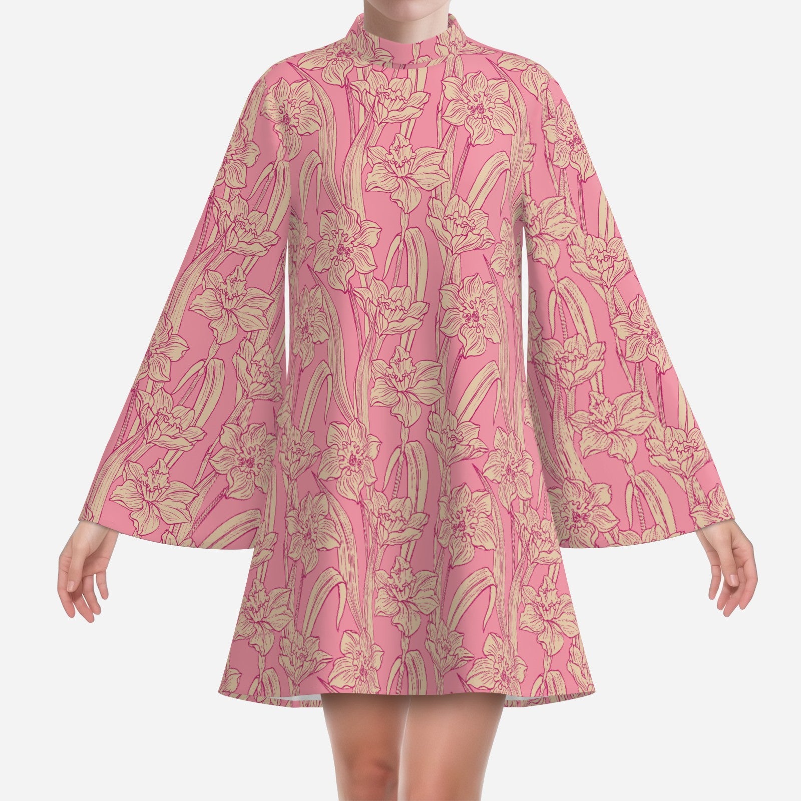 70s Dress Style | Retro Pink Floral Mini Dress | Pink Tent Dress with Bell Sleeves | 70s Inspired Turtleneck Dress