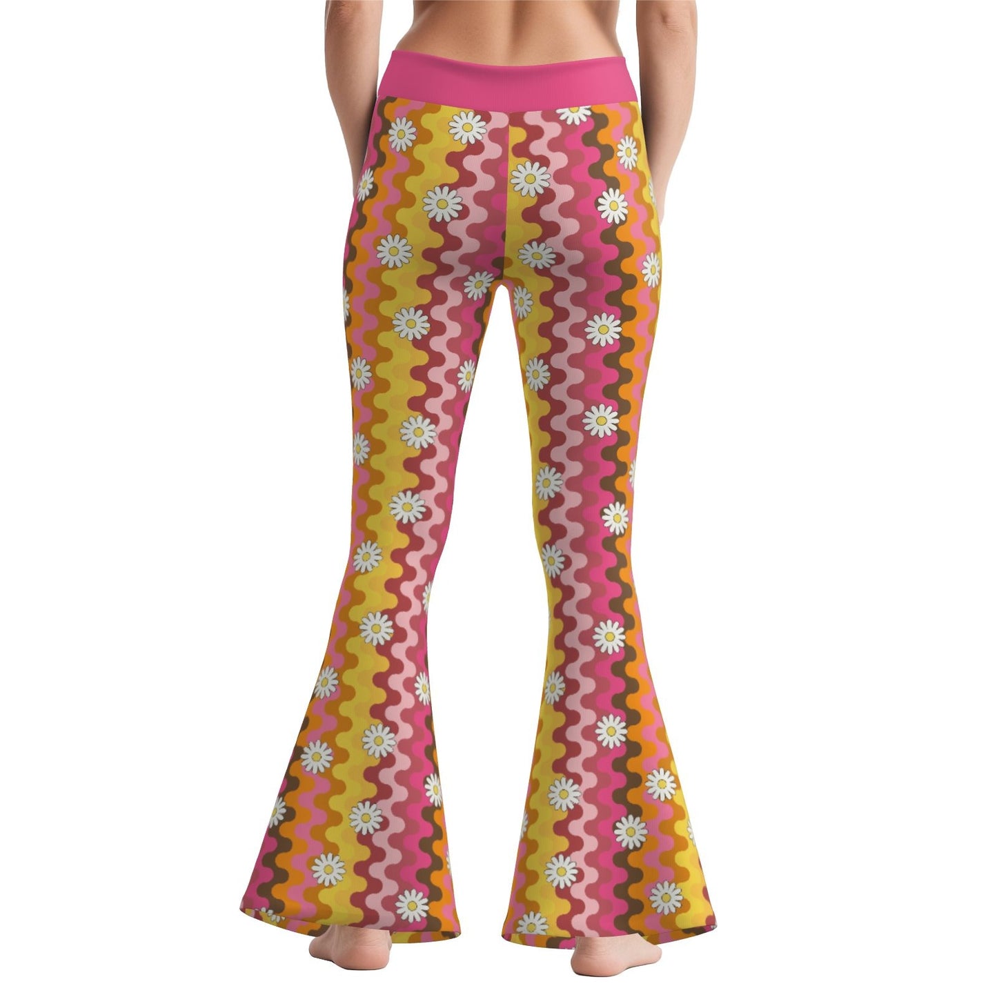70s Pants Style | Pink Bell Bottom Pants  Retro Hippie Wide Leg Yoga Pants | Floral Stripe Flare Leggings Women 