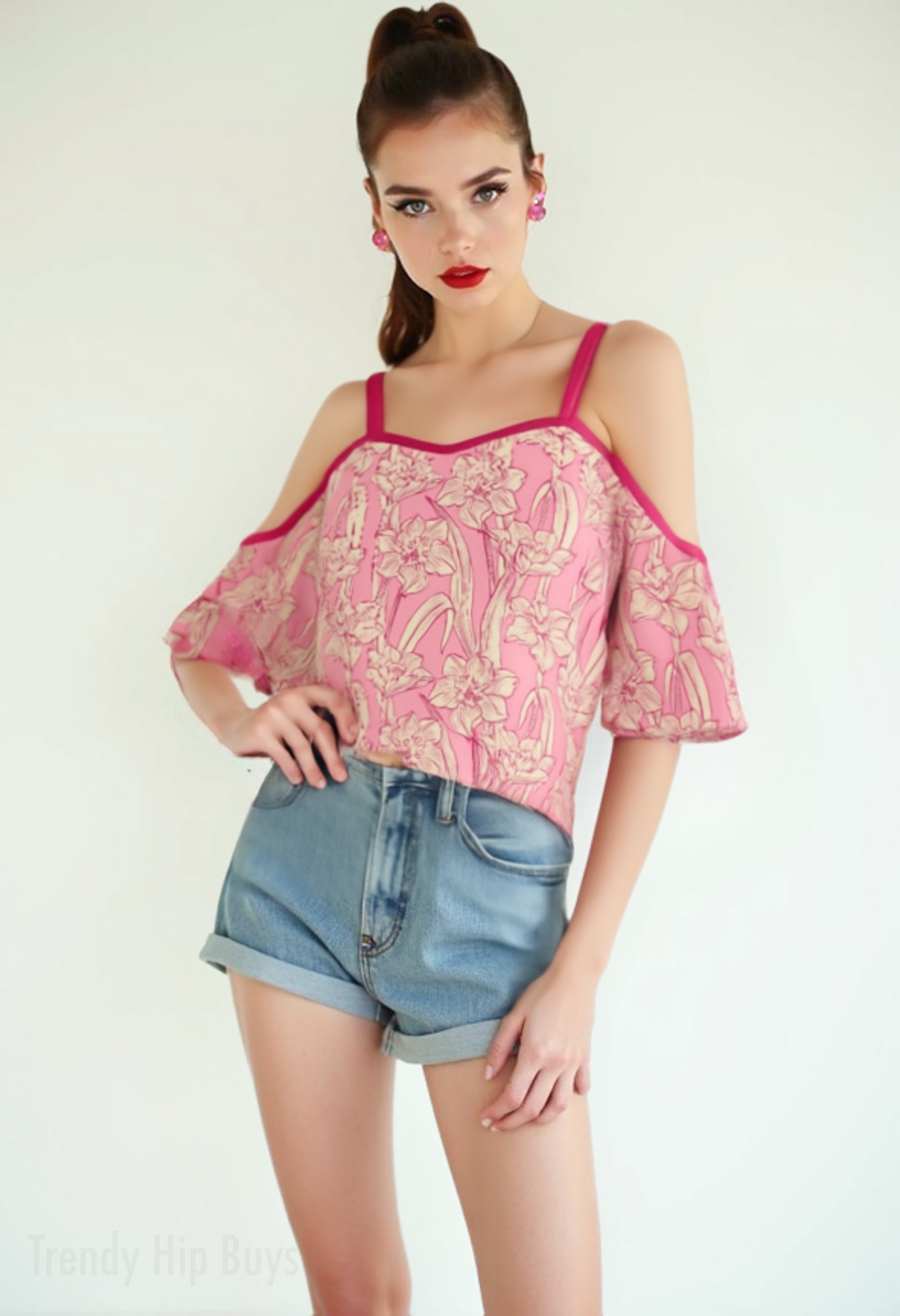 Women’s Neon Pink Floral Off Shoulder Top | Eco-Friendly Imitation Cotton Flutter Sleeve Blouse