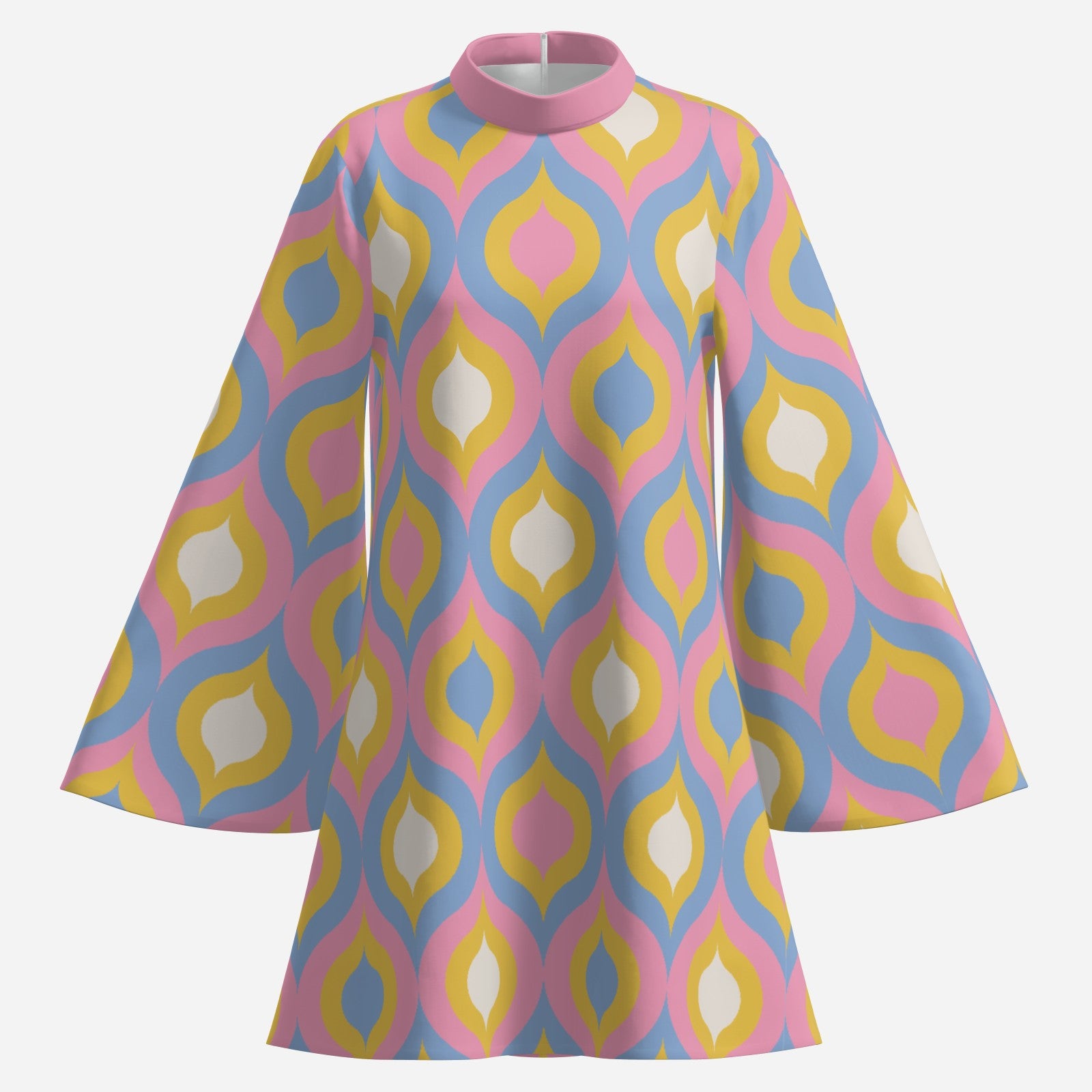 70s Disco Dress | Groovy Pink Turtleneck Bell Sleeve Dress | Retro Geometric Tent Mini Dress | Mod 60s 70s Style