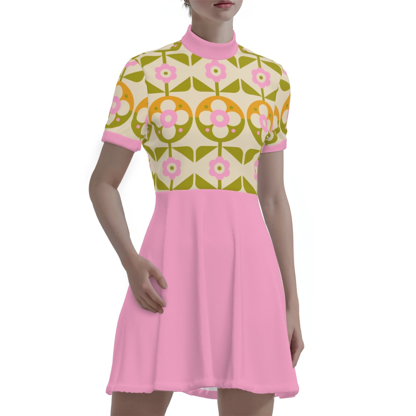 60s Pink Mod Mini Dress | Retro GoGo Turtleneck Dress | Floral Bodice Vintage Shift Dress | Trendy Hip Buys