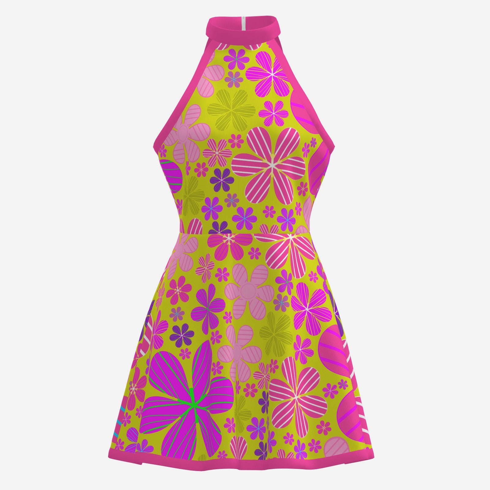 Mod 60s Style Dress | 70s Hippie Retro Halter Mini Dress | Neon Pink & Green Floral Sleeveless A-Line Dress |