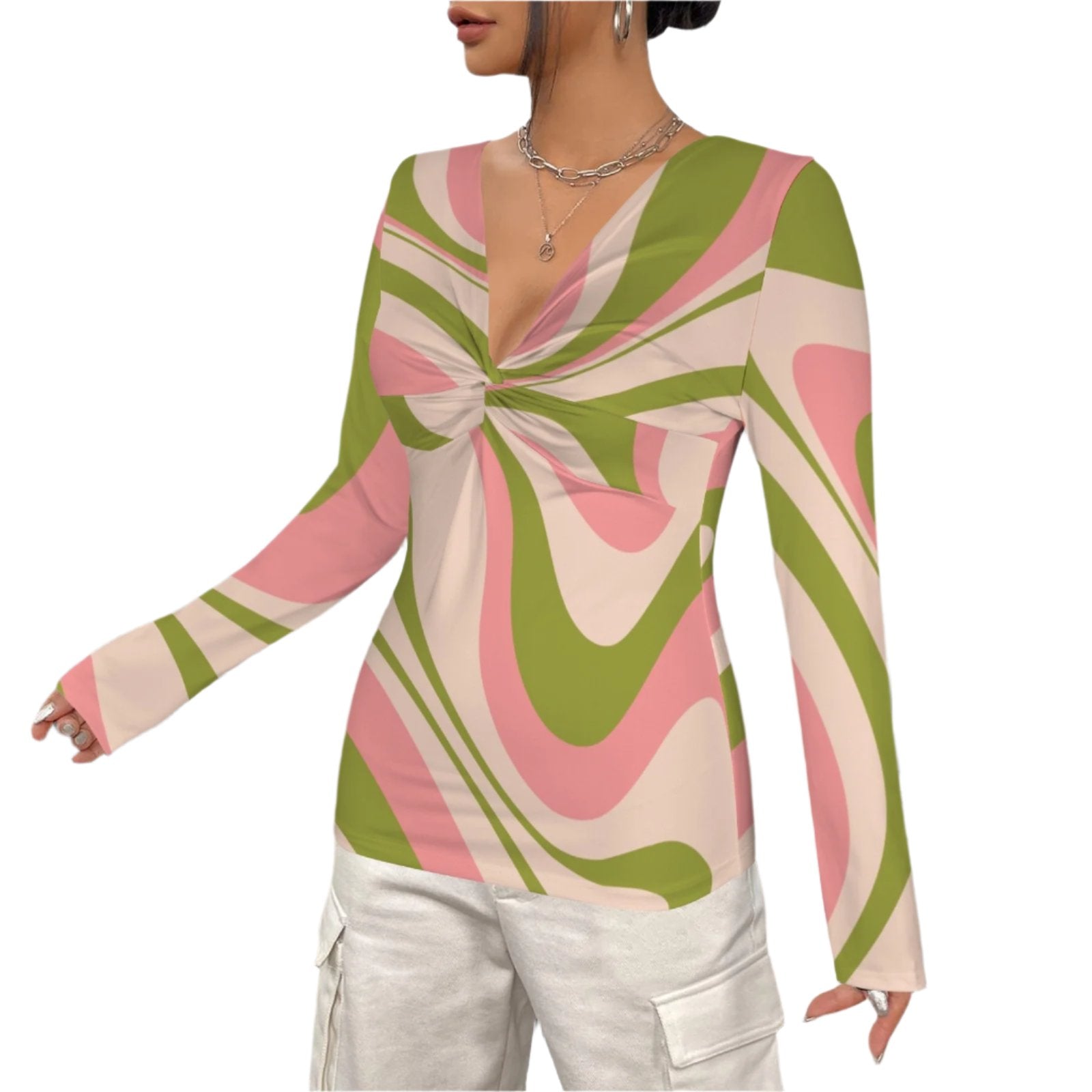 Retro 70s inspired Pink Green Stripe Groovy Ruche Top