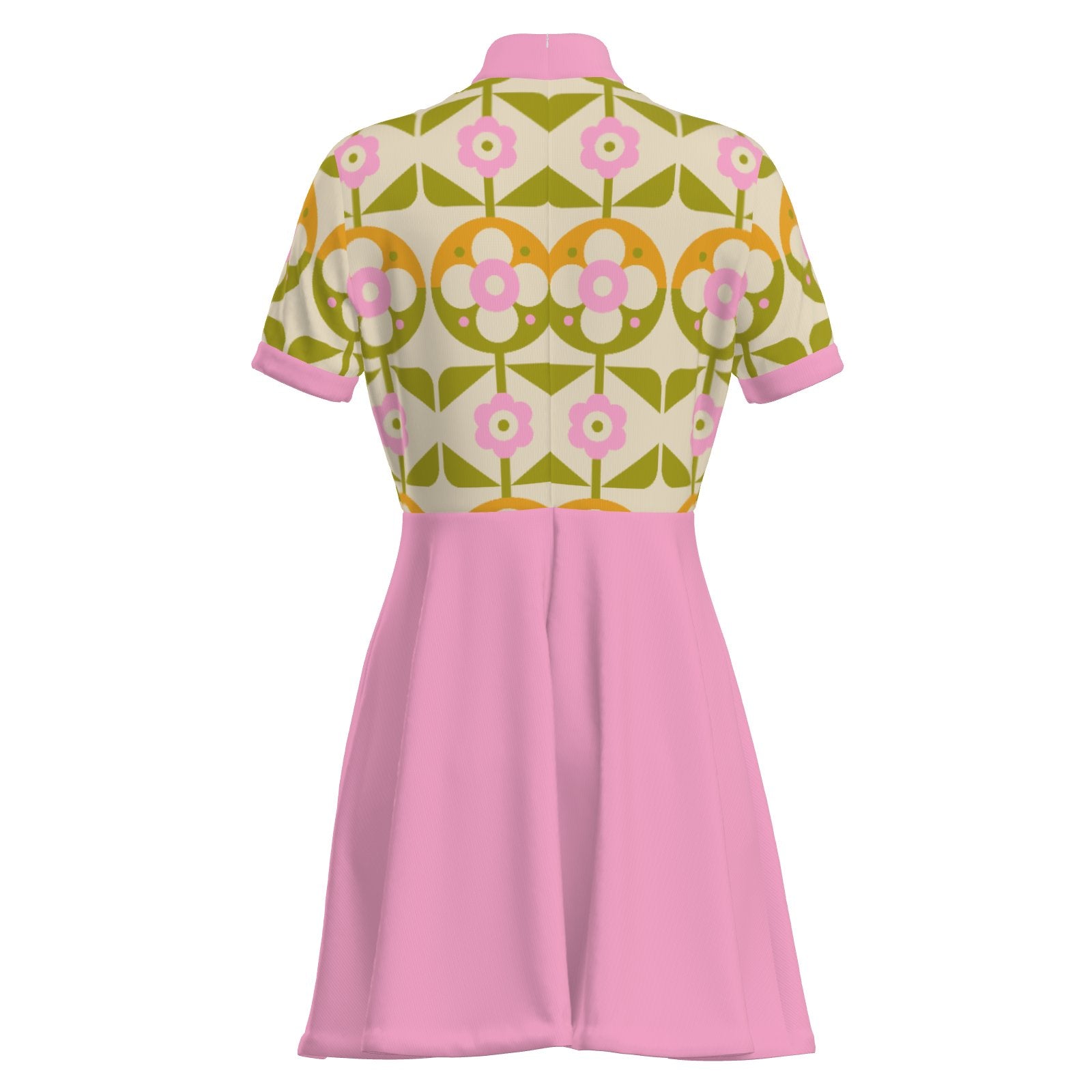 60s Pink Mod Mini Dress | Retro GoGo Turtleneck Dress | Floral Bodice Vintage Shift Dress