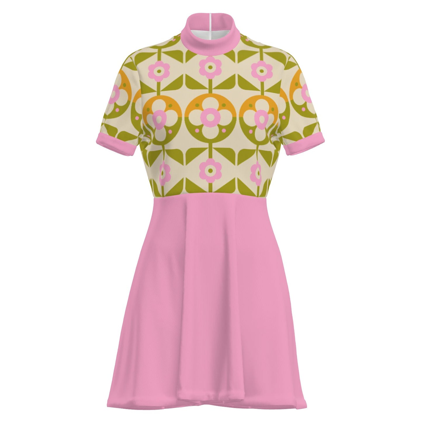 60s Pink Mod Mini Dress | Retro GoGo Turtleneck Dress | Floral Bodice Vintage Shift Dress | Trendy Hip Buys