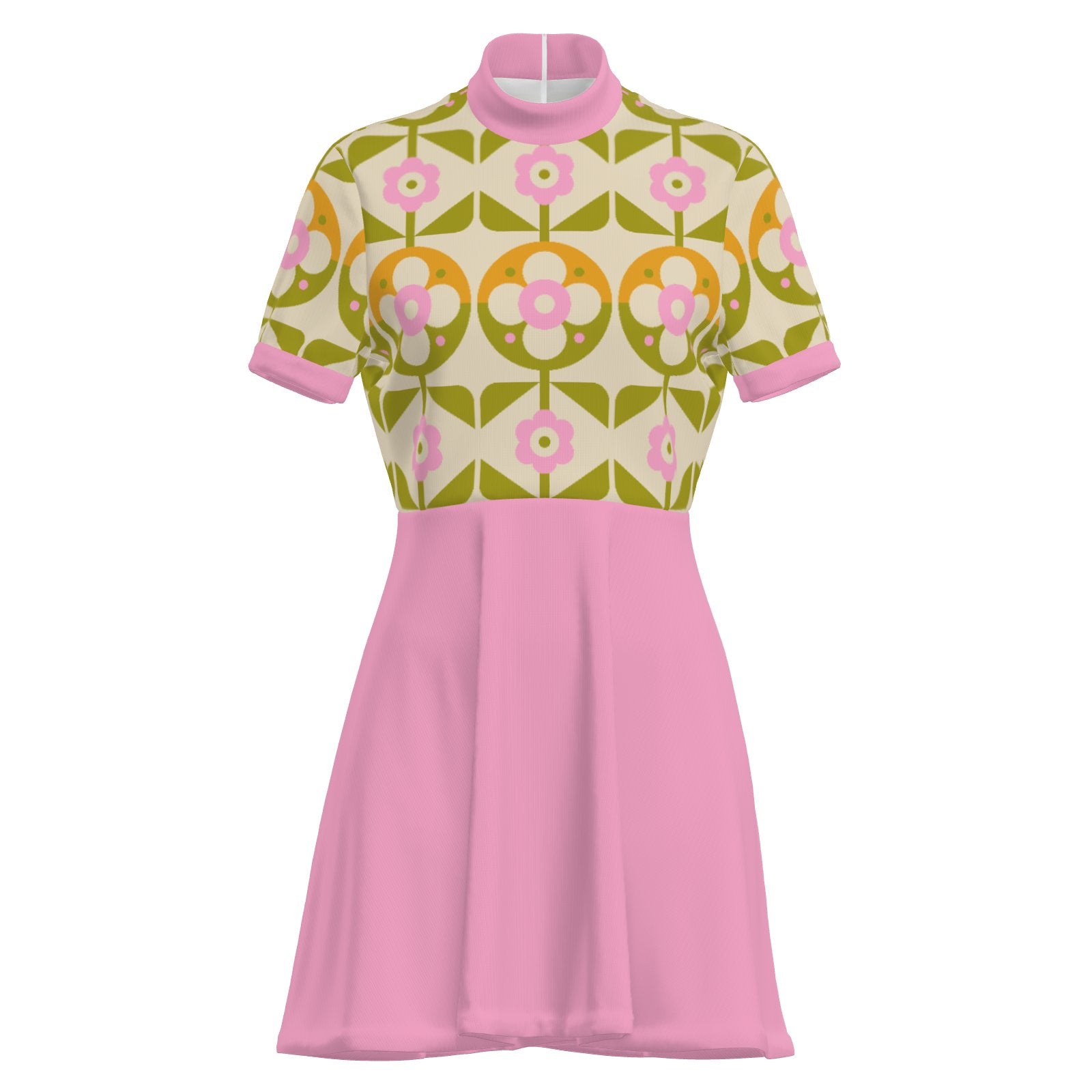 60s Pink Mod Mini Dress | Retro GoGo Turtleneck Dress | Floral Bodice Vintage Shift Dress | Trendy Hip Buys