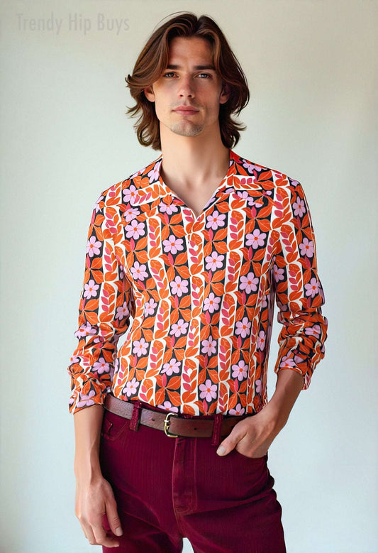 70s Men's Floral Disco Shirt | Retro Wing Collar Hippie Top | 70s Boho Orange & Pink Floral Shirt