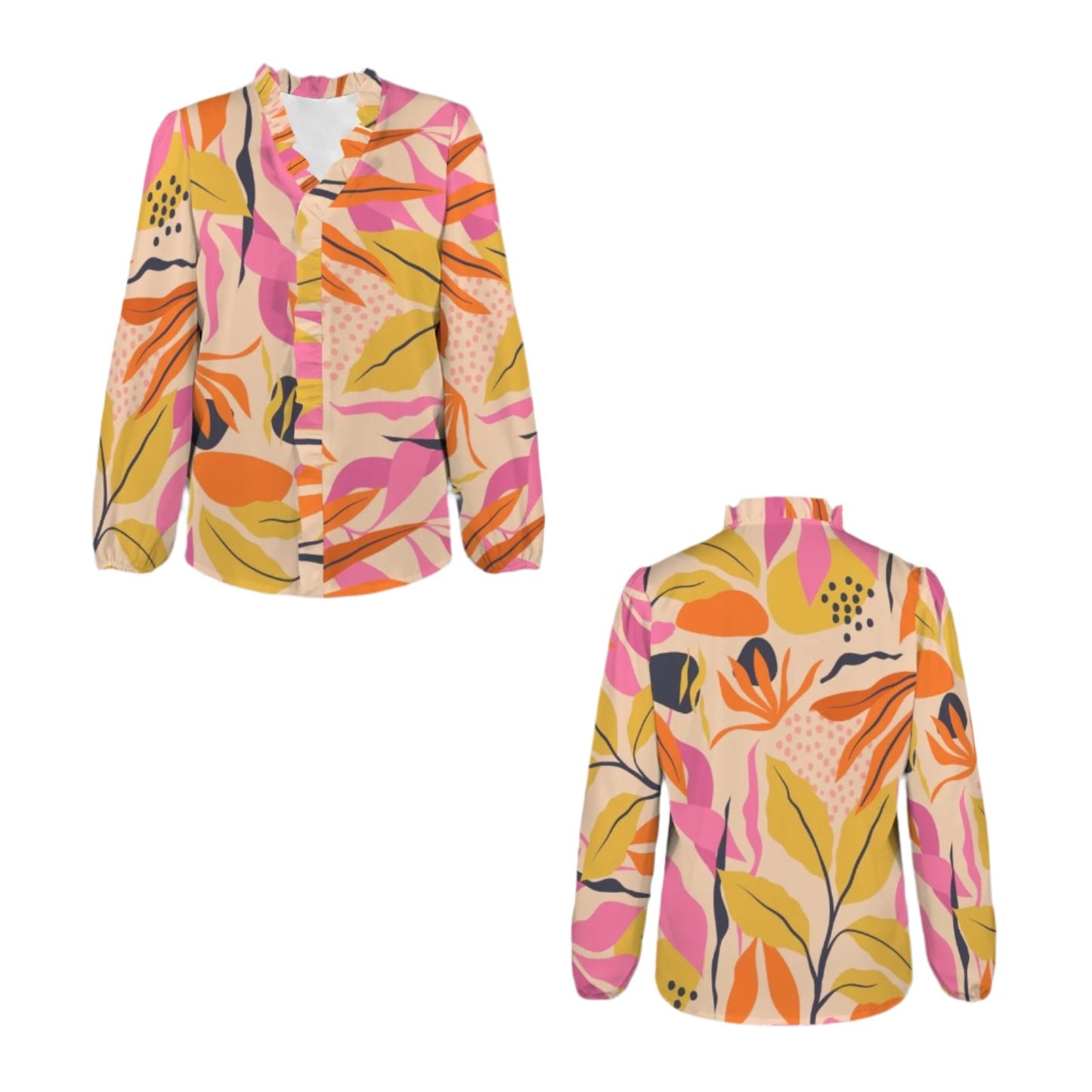 Abstract Pink Orange leaf Ruffle Blouse