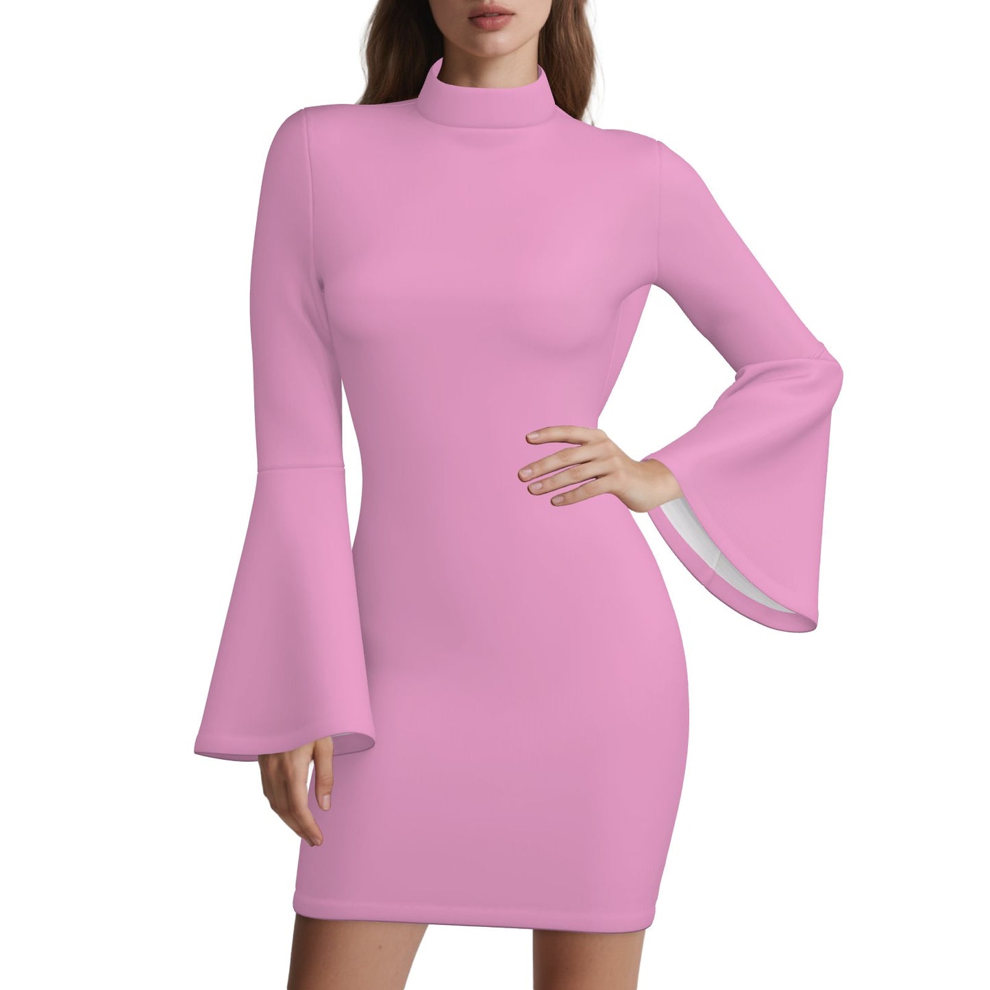 70s Style Pink Turtleneck Disco Bell Sleeve Shift mini Dress