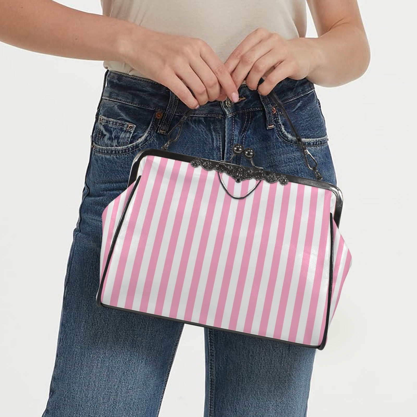 Retro 60s Pink and White Stripe Handbag | Vintage Clasp Purse | Chic Retro Purse | Trendy Hip Buys