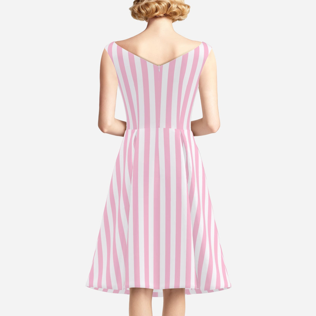 Women’s 50s Style Dress | Pink Stripe Vintage Inspired Satin Dress | Removable Bow | Pleated A-Line Midi Dress