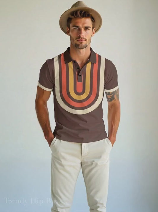 70s Brown Geometric Polo Shirt | UPF 50+ Sun Protection Unisex Polo | Retro Mod Vintage Golf Shirt