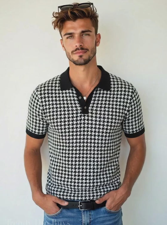 Black Houndstooth Polo Shirt | UPF 50+ Sun Protection Unisex Polo | Vintage Black & White Golf Shirt