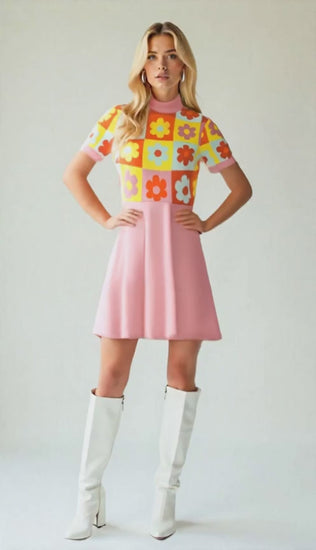 60s Dress Style, Pink Floral Mod Mini Dress,  Retro Mod Pink GoGo Dress, 60s Turtleneck Dress