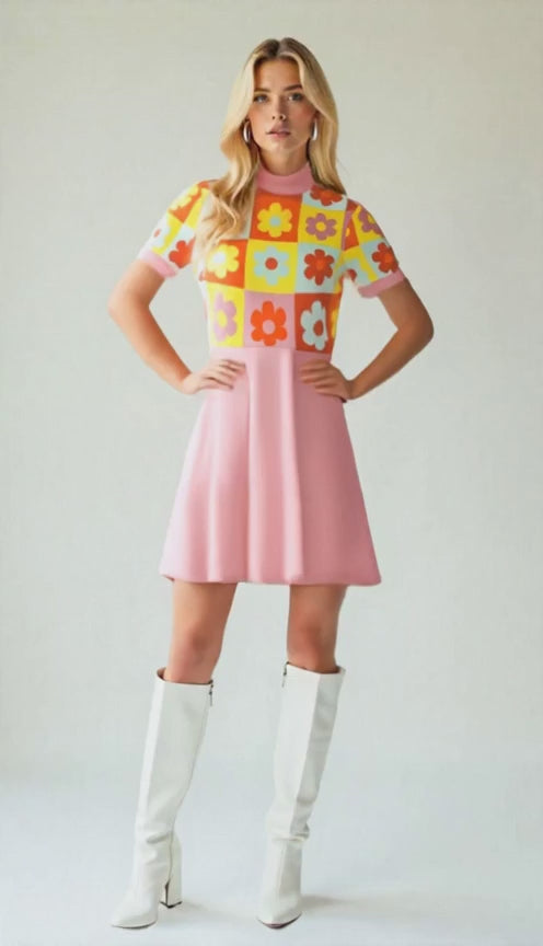 60s Dress Style, Pink Floral Mod Mini Dress,  Retro Mod Pink GoGo Dress, 60s Turtleneck Dress