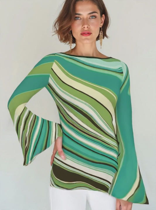 70s Green Turquoise Bell Sleeve Top | Retro Long Sleeve T-Shirt | Vintage Boat Neck Blouse