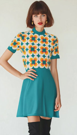 60s Turquoise Mod Mini Dress Retro Geometric Turtleneck GoGo Dress