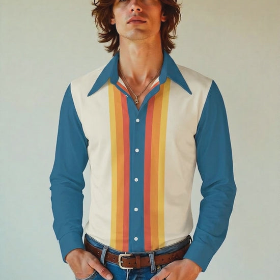 Men's 70s Style Shirt, Blue Orange Stripe Retro Disco Shirt, Dagger Collar Long Sleeve Shirt, Vintage Inspired 70s Shirt