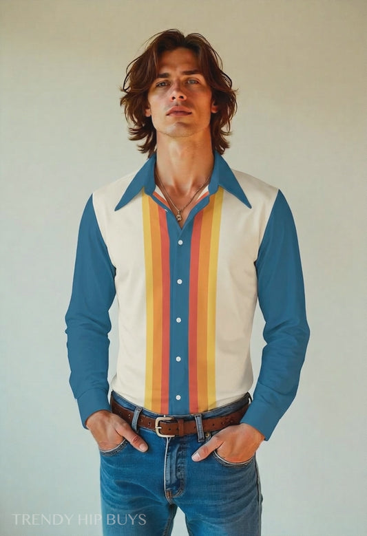 Men's 70s Style Shirt, Blue Orange Stripe Retro Disco Shirt, Dagger Collar Long Sleeve Shirt, Vintage Inspired 70s Shirt