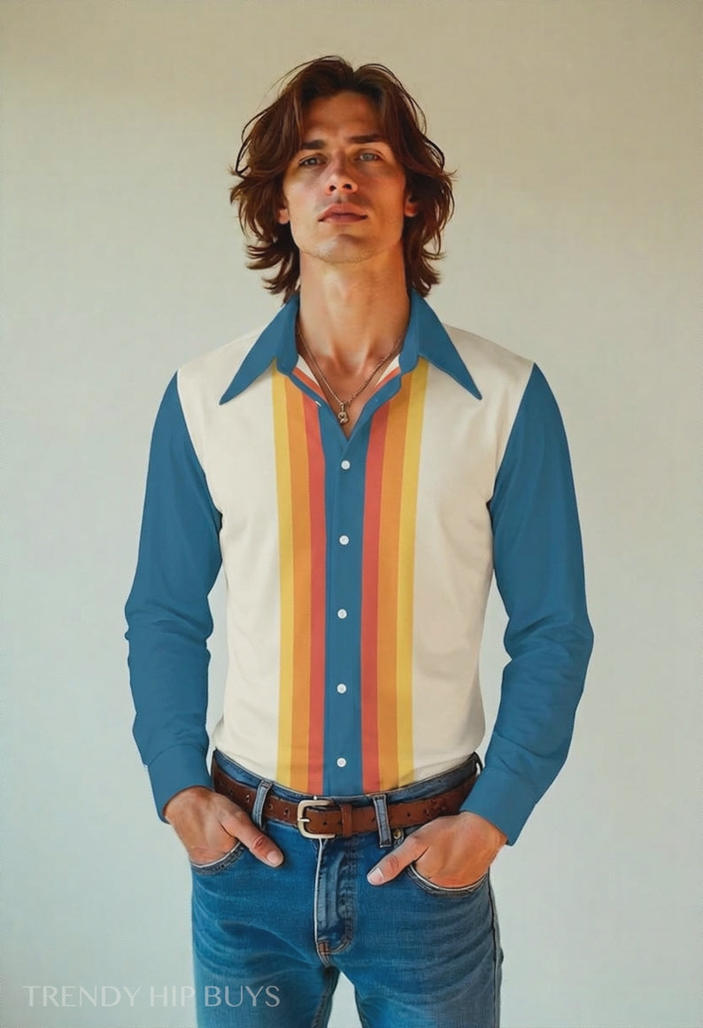 Men's 70s Style Shirt, Blue Orange Stripe Retro Disco Shirt, Dagger Collar Long Sleeve Shirt, Vintage Inspired 70s Shirt
