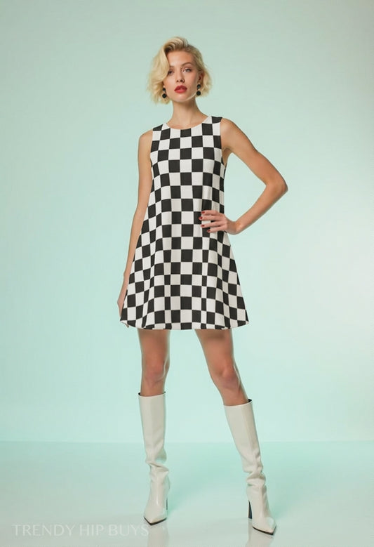 Women's 60s Mod Dress, Black & White Checker Go-Go Mini Dress, Sleeveless Retro Tent Dress, Vintage Inspired Dress