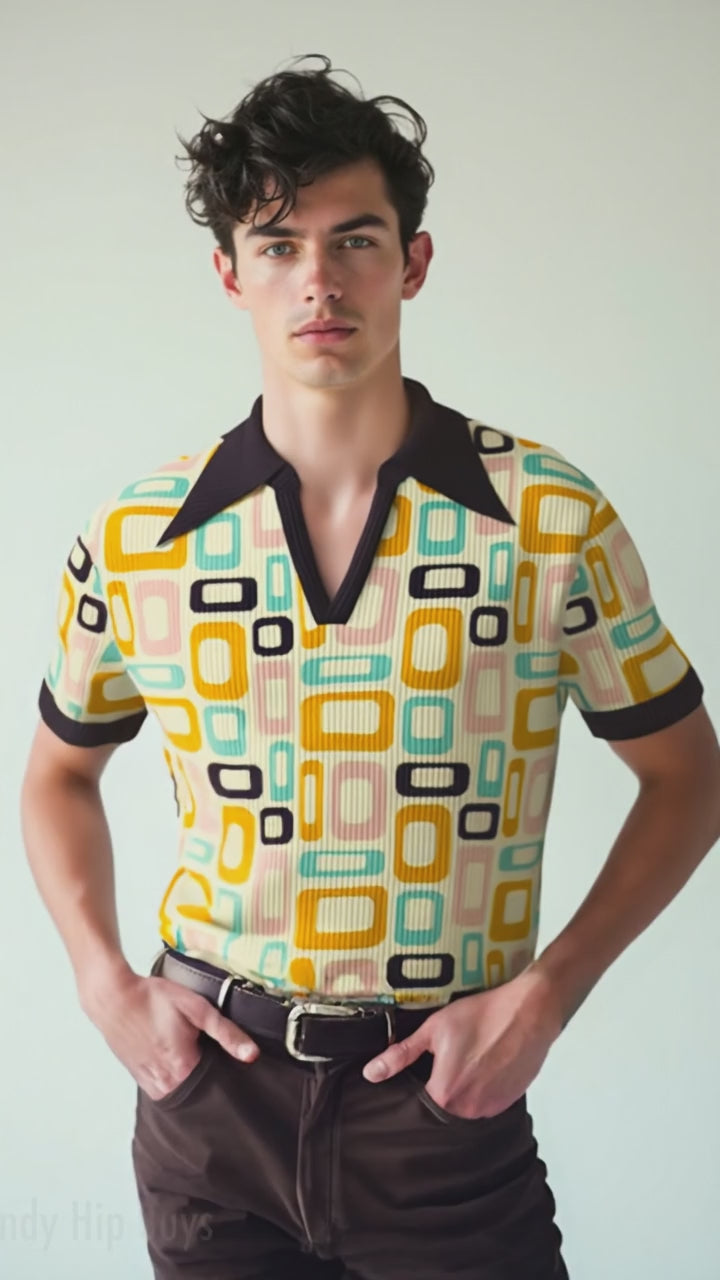 70s Style Polo Shirt for Men | Retro Geometric Knit Polo