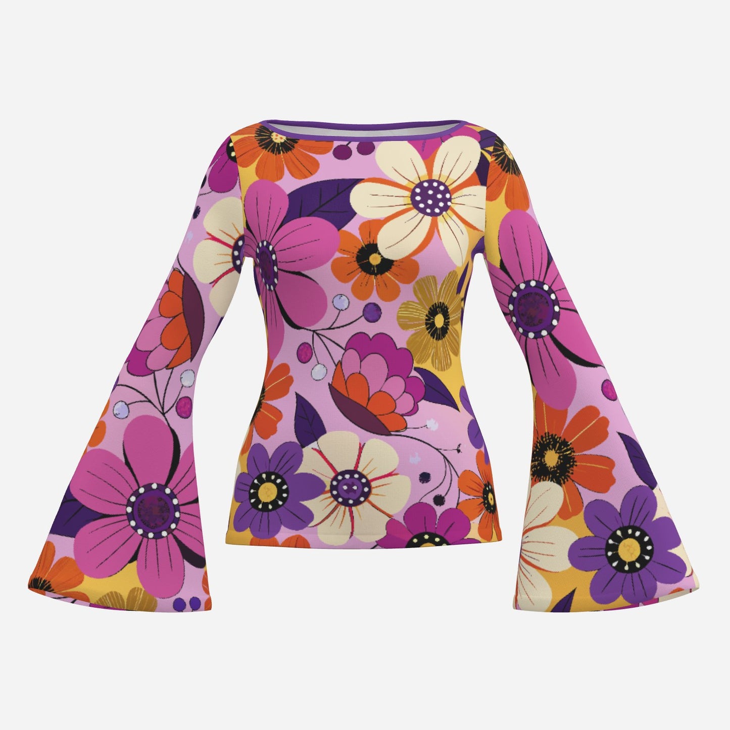 70s Purple Floral Bell Sleeve Top | Retro Long Sleeve T-Shirt | Vintage Boat Neck Blouse | Trendy Hip Buys