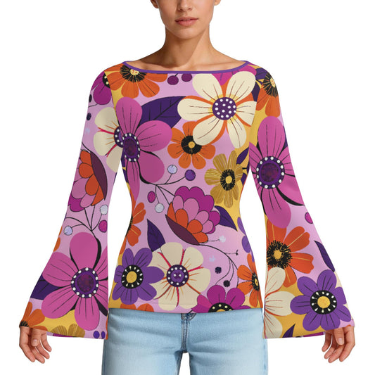 70s Purple Floral Bell Sleeve Top | Retro Long Sleeve T-Shirt | Vintage Boat Neck Blouse | Trendy Hip Buys
