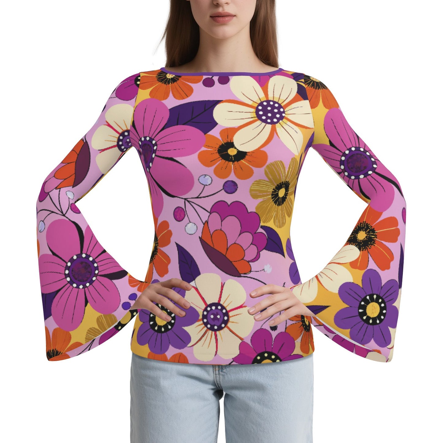 70s Purple Floral Bell Sleeve Top | Retro Long Sleeve T-Shirt | Vintage Boat Neck Blouse | Trendy Hip Buys