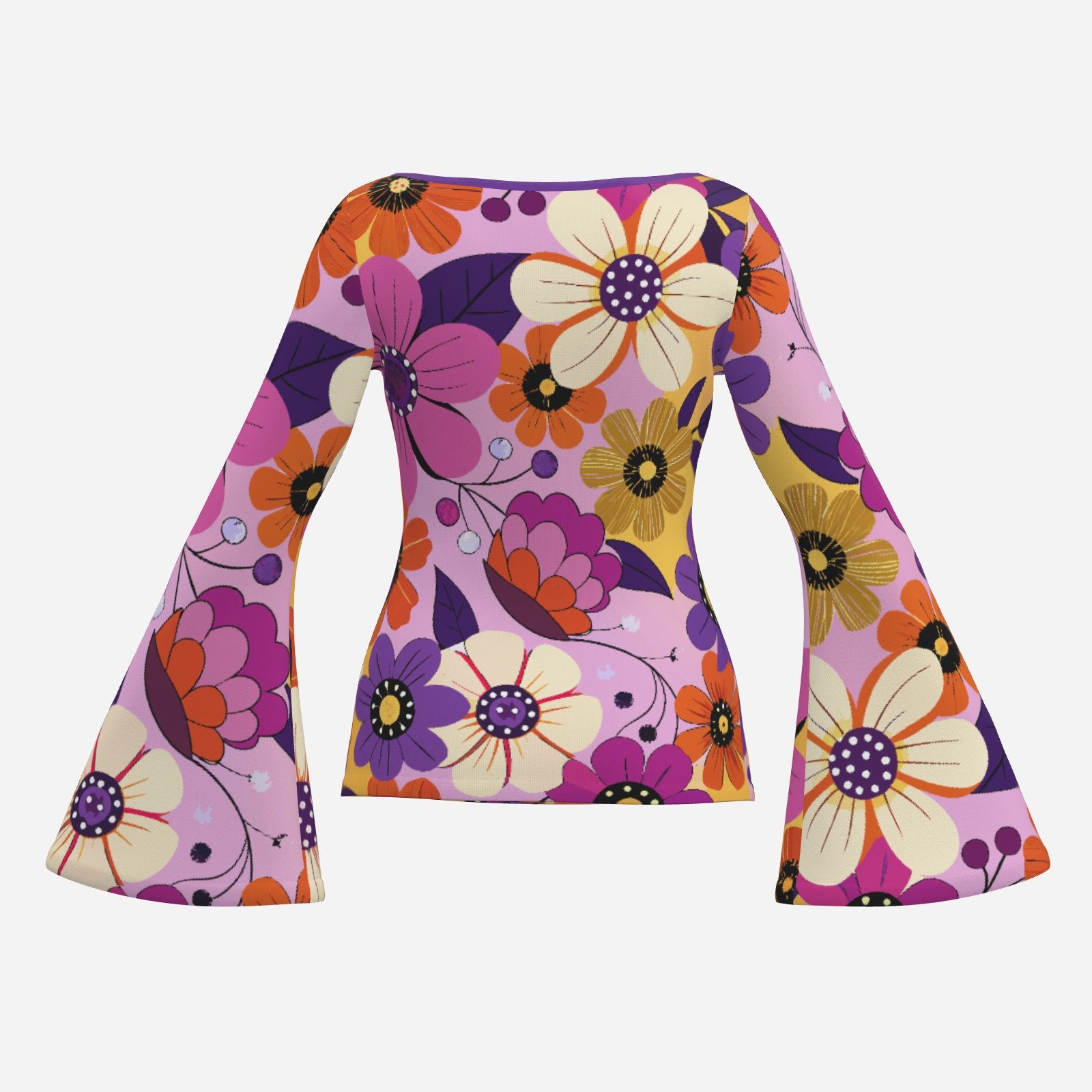 70s Purple Floral Bell Sleeve Top | Retro Long Sleeve T-Shirt | Vintage Boat Neck Blouse | Trendy Hip Buys