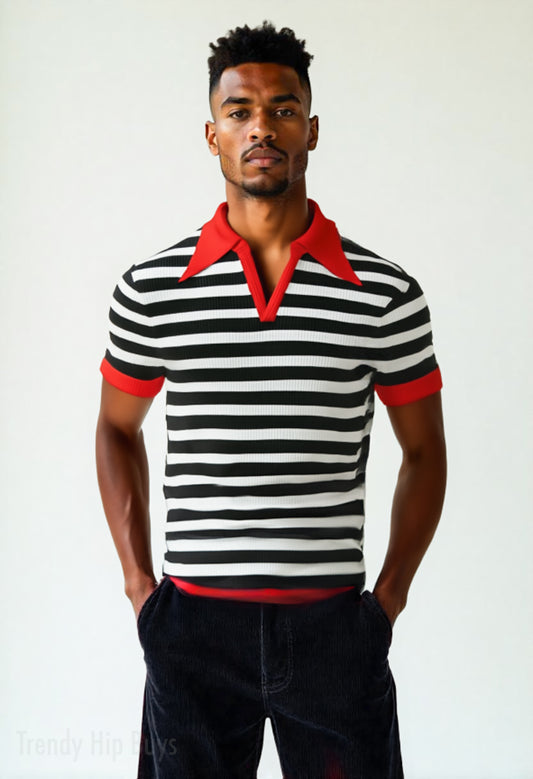 Retro Polo Shirt, Black Stripe Polo Shirt, 70s Red Wing Collar Shirt, 70s Polo Shirt, Knit Polo