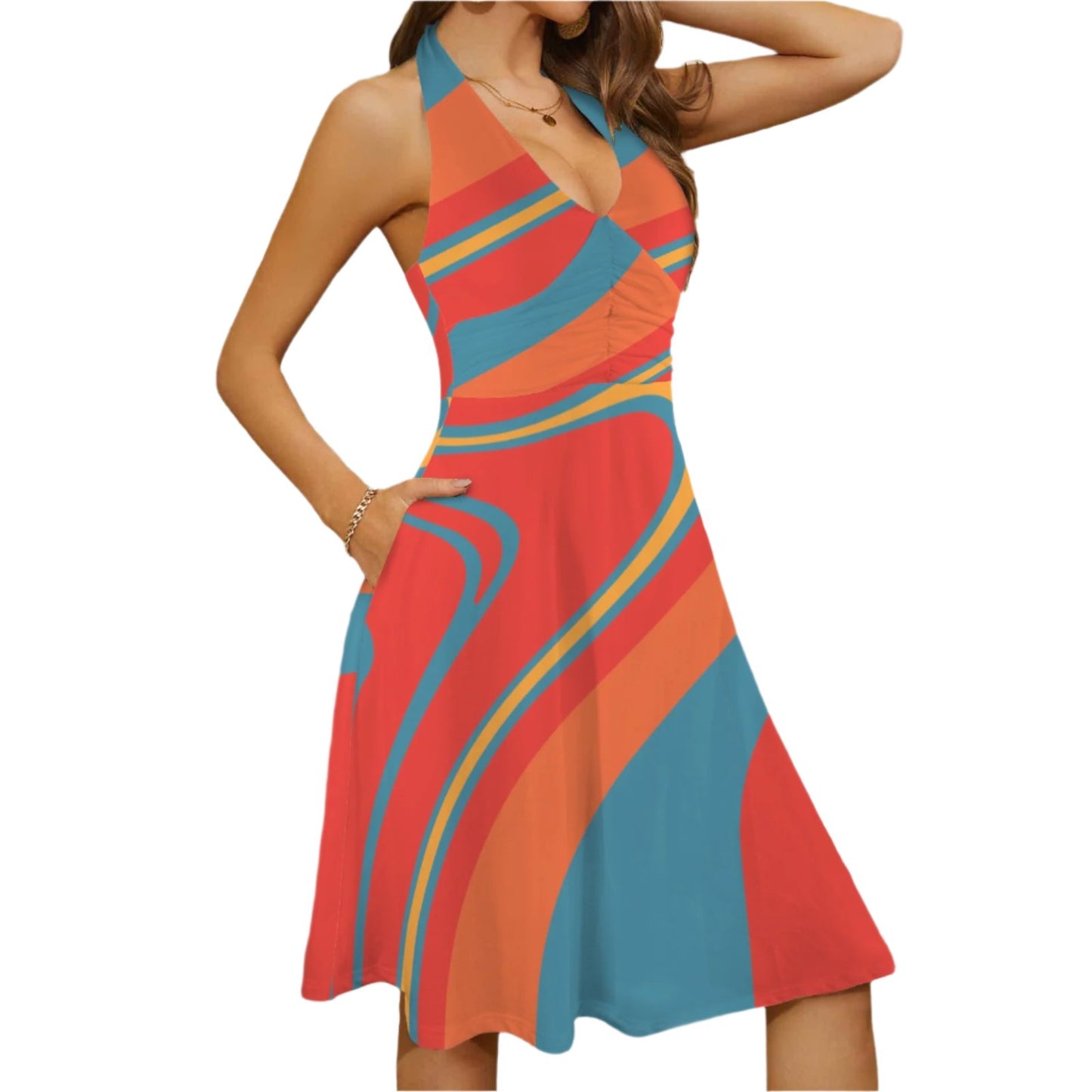 Multicolor Red Blue Yellow Stripe 70s Style Halter Dress