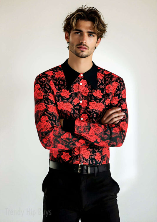 Groovy 70s Men's Rose Print Shirt | Wing Collar Hippie Shirt | Retro Disco Floral Top