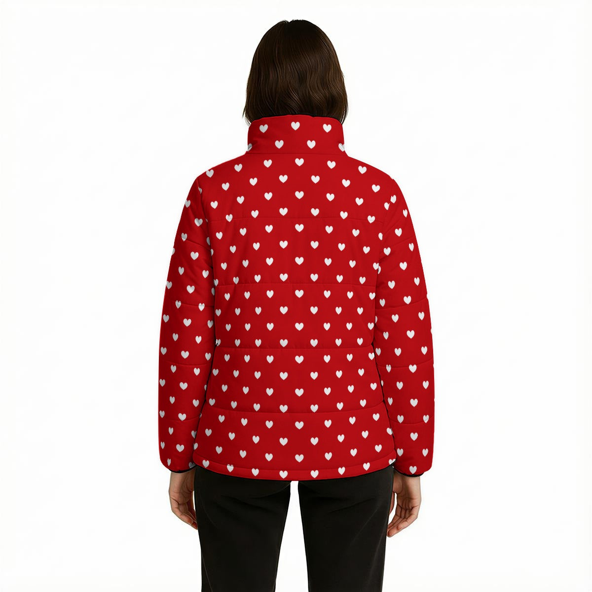 Kawaii Retro Puffer Jacket | Red Heart Polka Dot Winter Jacket for Women | 80s Inspired Cotton-Padded Jacket