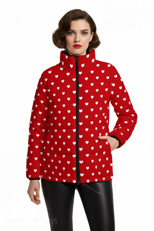 Kawaii Retro Puffer Jacket | Red Heart Polka Dot Winter Jacket for Women | 80s Inspired Cotton-Padded Jacket