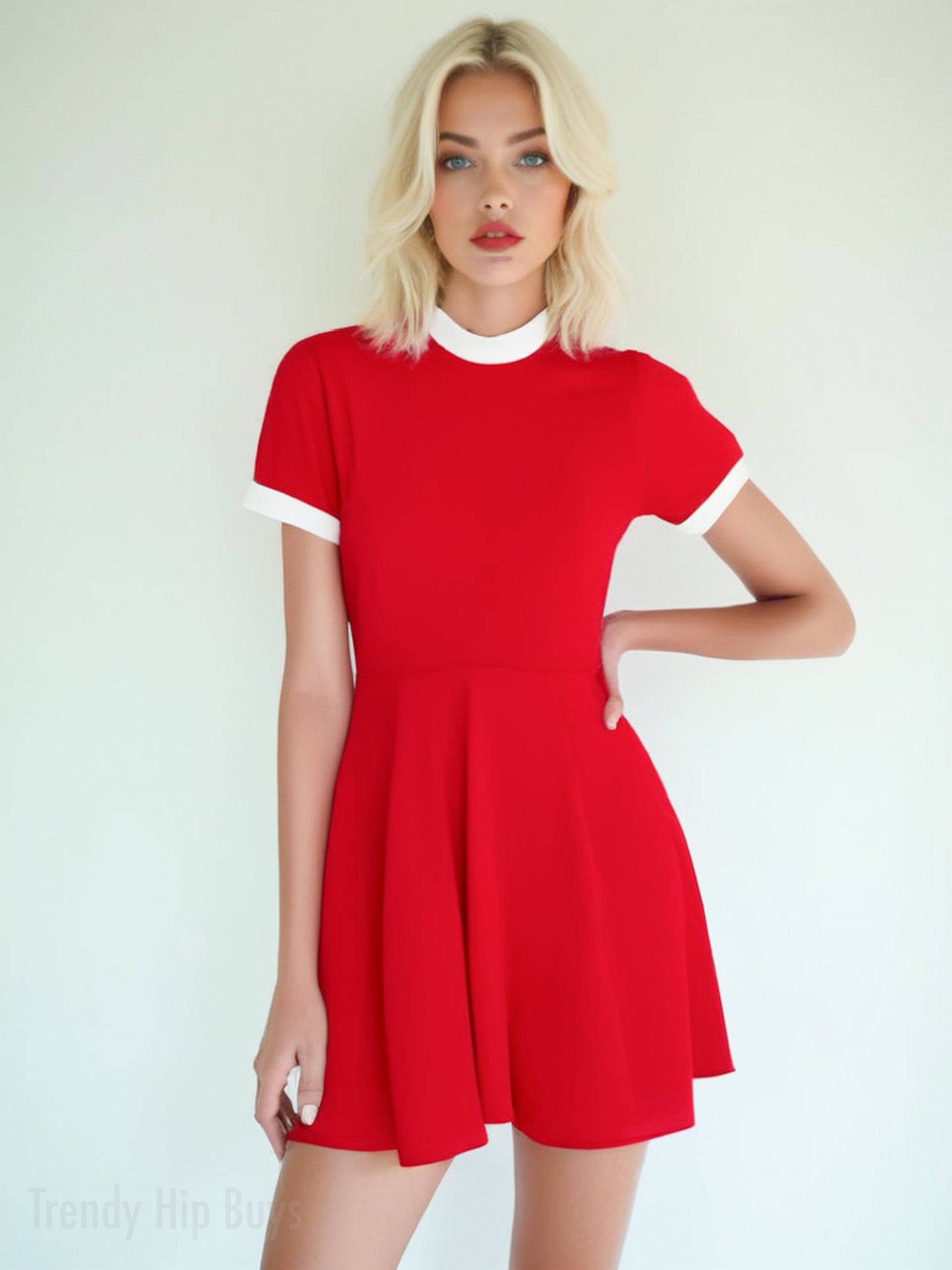 60s Mod Red Mini Dress | Retro Red and White Turtleneck A-Line Mini Dress