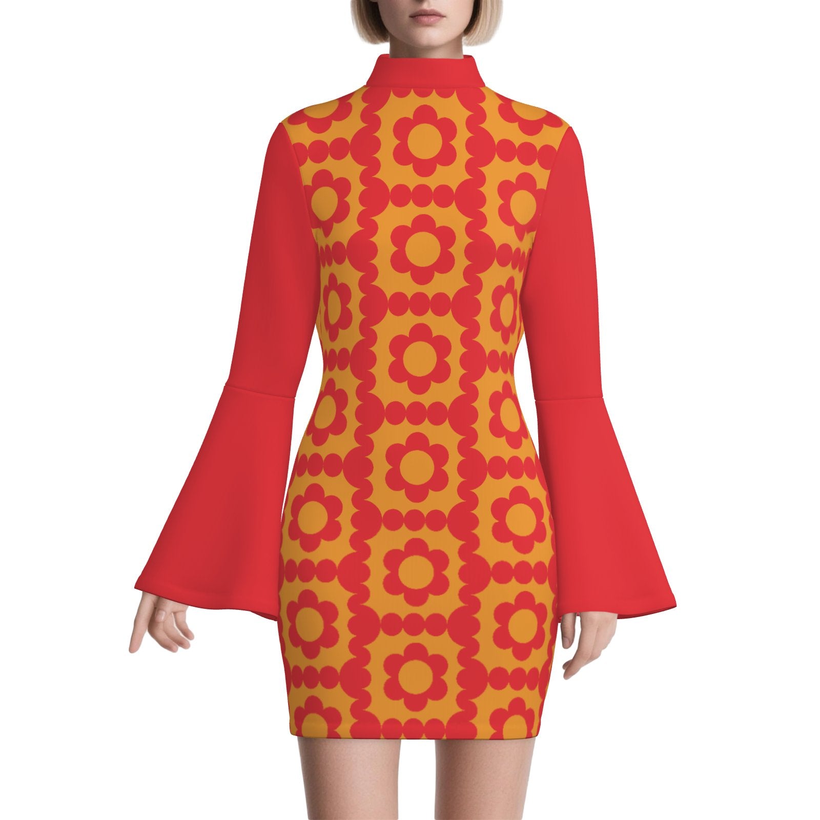 70s Style Dress | Red & Yellow Floral Bell Sleeve Mini Dress | Retro Turtleneck Disco Shift Dress