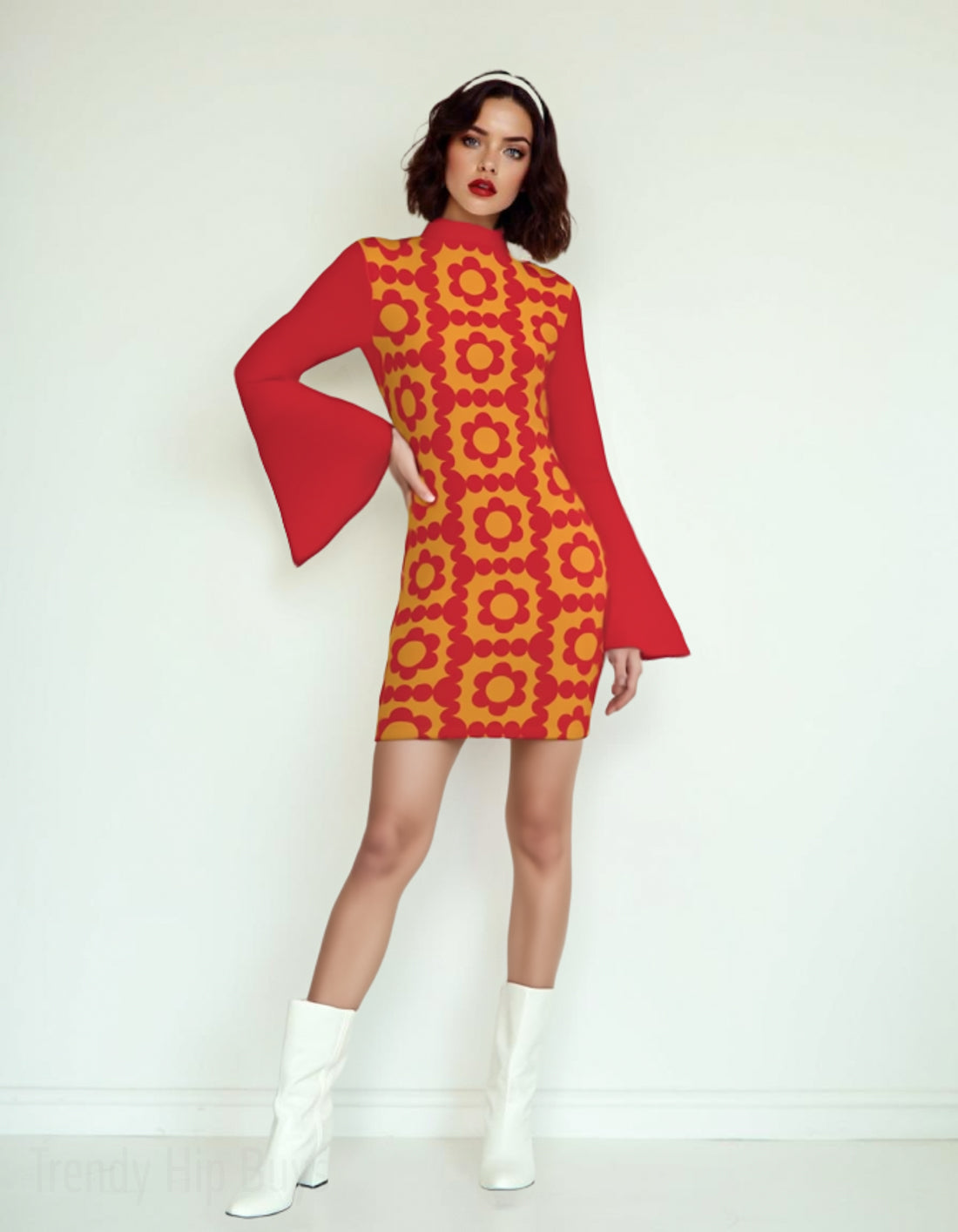 70s Style Dress | Red & Yellow Floral Bell Sleeve Mini Dress | Retro Turtleneck Disco Shift Dress