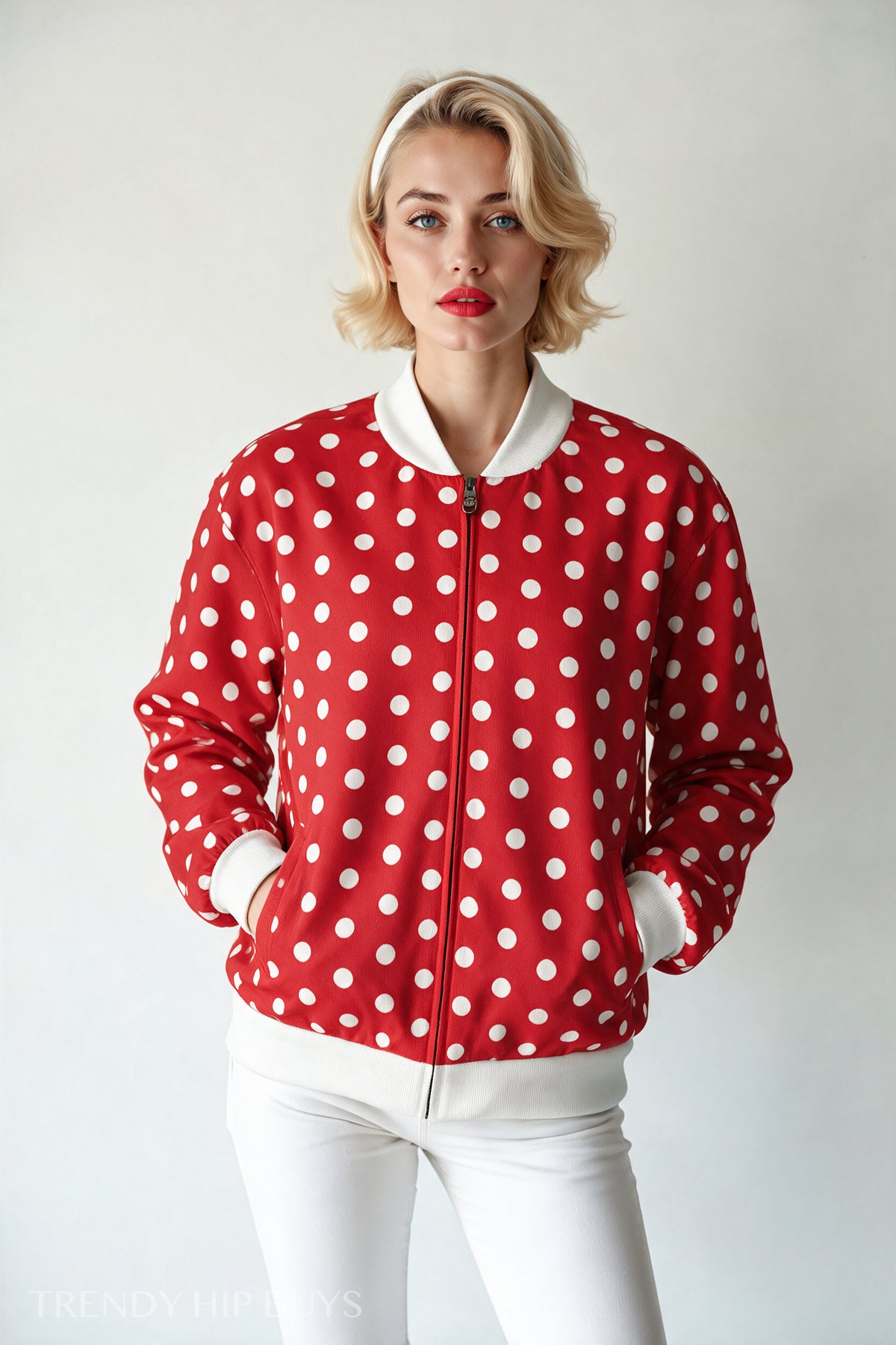 Unisex Red Polka Dot Bomber Jacket | Fleece Lined Retro 50s 60s Jacket