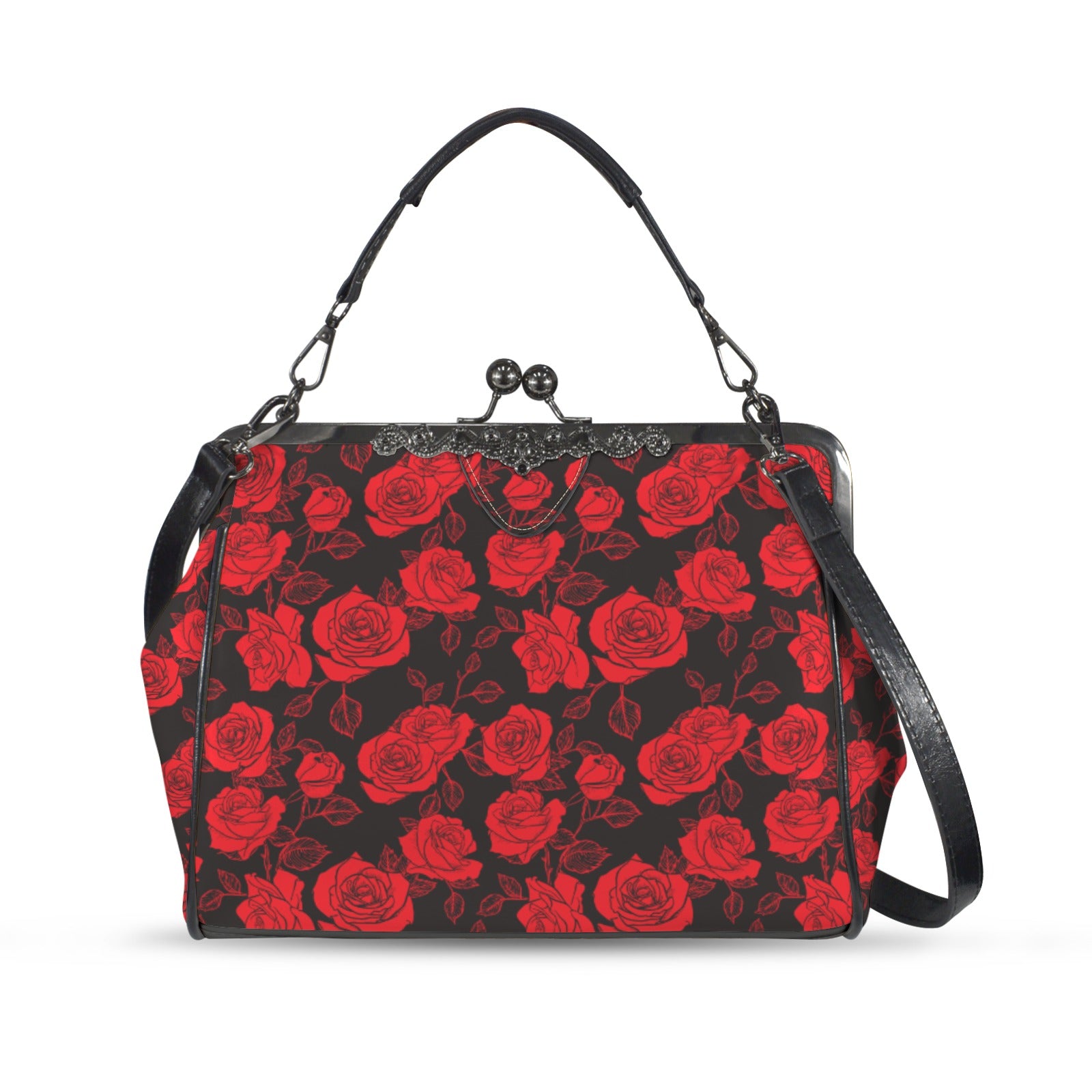 Retro 60s Red Rose Handbag | Vintage Inspired Romantic Clasp Purse | Floral Crossbody Bag