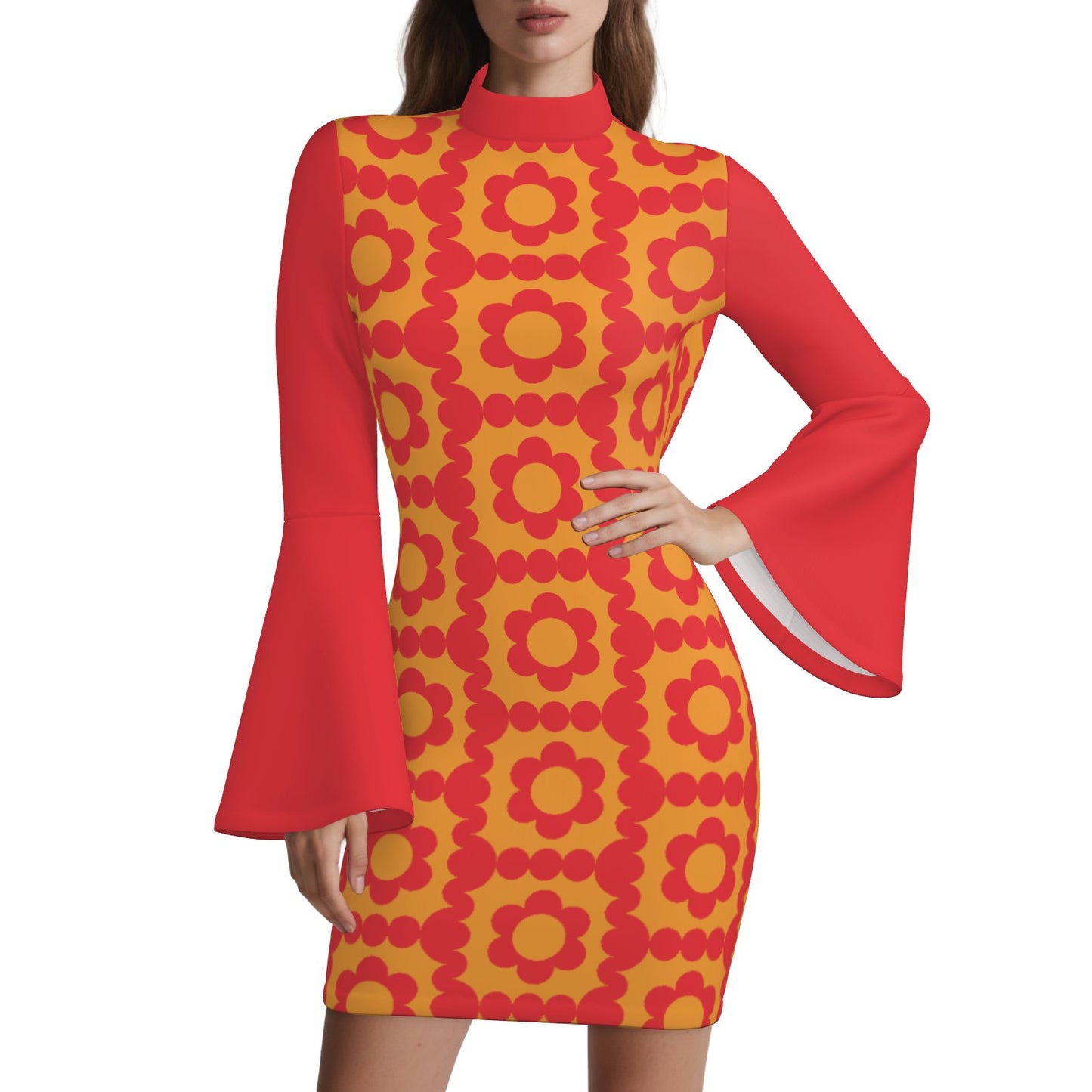 70s Style Dress | Red & Yellow Floral Bell Sleeve Mini Dress | Retro Turtleneck Disco Shift Dress