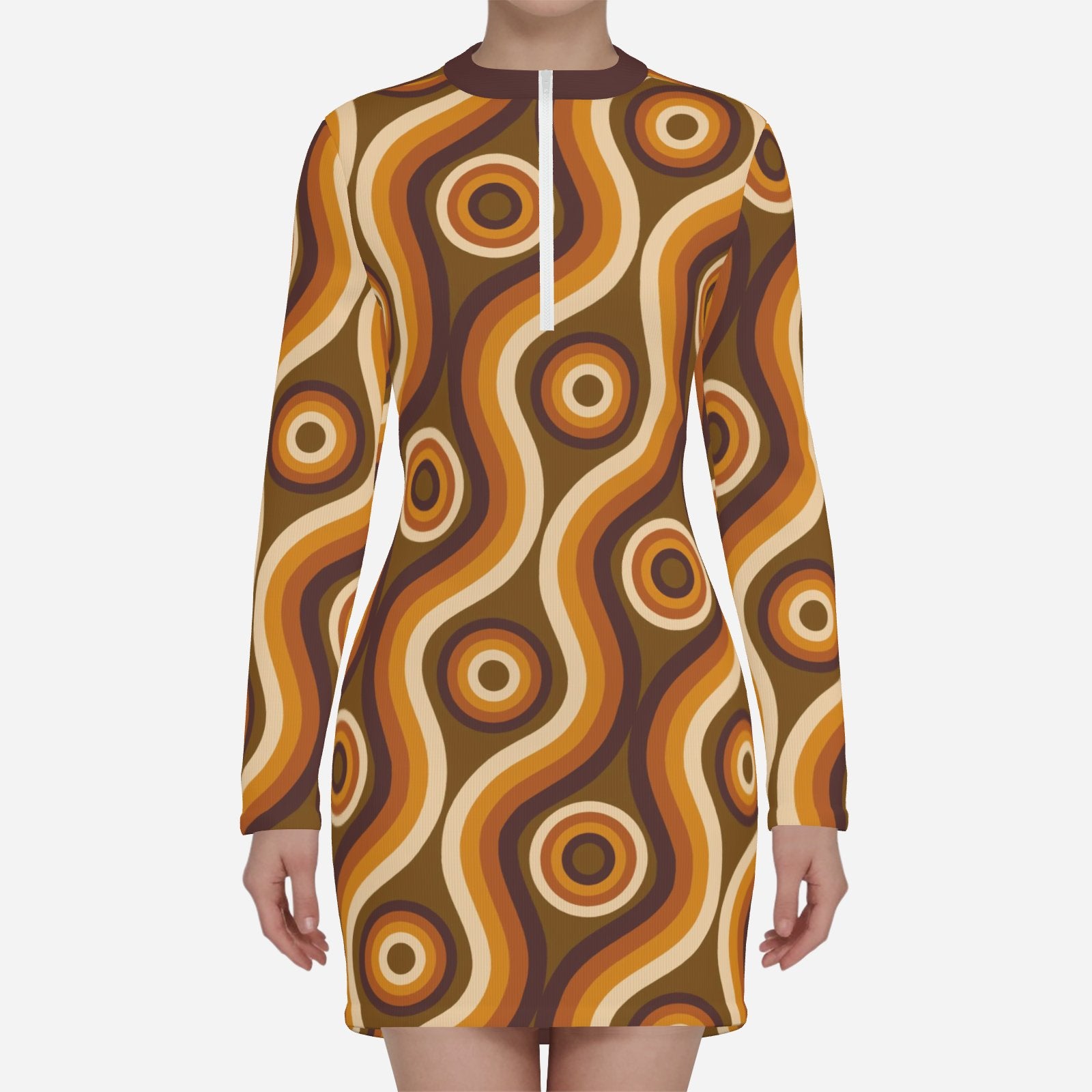60s 70s Dress Style | Mod Groovy Brown Scuba Mini Dress | Vintage 60s Inspired Long Sleeve Dress