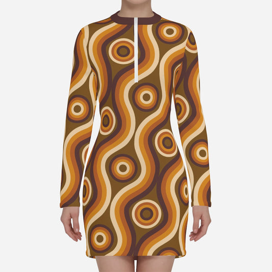 60s 70s Dress Style | Mod Groovy Brown Scuba Mini Dress | Vintage 60s Inspired Long Sleeve Dress