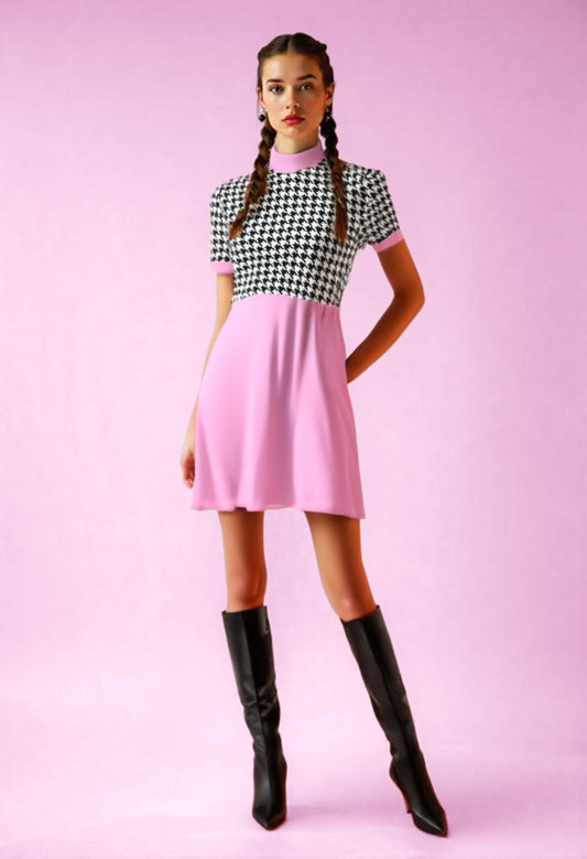 60s Pink Houndstooth Mod Mini Dress | Retro GoGo Turtleneck Dress | Vintage A-Line Colorblock Dress | Trendy Hip Buys